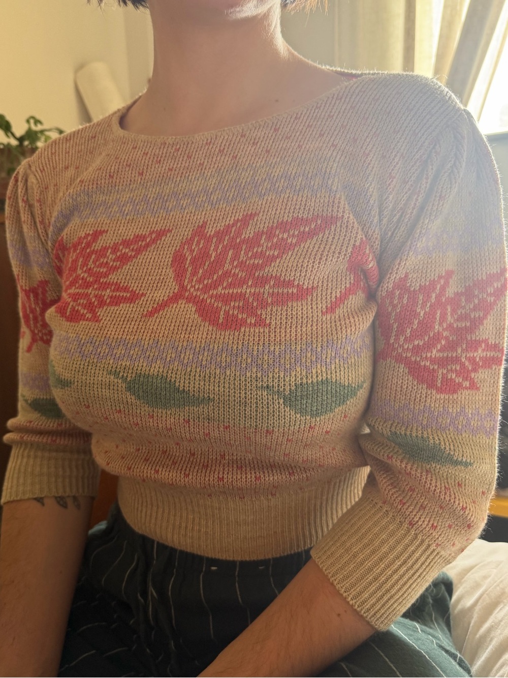 Cropped Knit Sweater with Red Leaf Motif - Cream